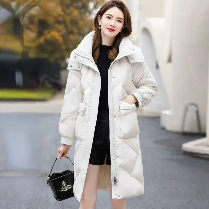 

2023 New Women Down Jacket Winter Coat Female Mid Length Version Parkas Loose Warm Outwear Hooded Versatile Fashion Overcoat