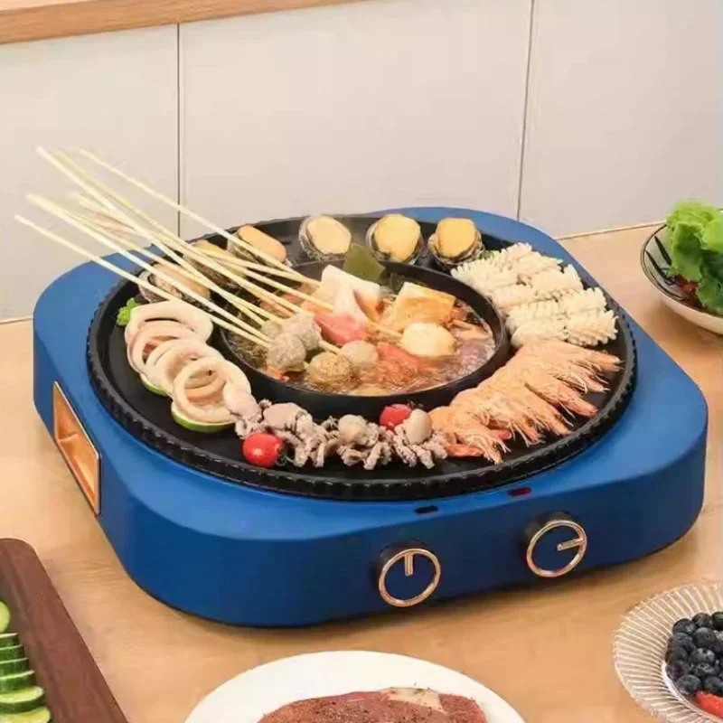 Korean Hot Pot Grill Household Grill Pan Multifunctional Barbecue Pot BBQ Electric Smokeless Grelha Churrasco、 2