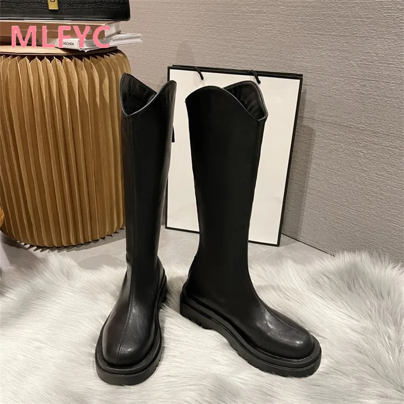 Women's Spring and Autumn New Versatile High Sleeve Boots with Back Zipper Up To Knee Length Mid Sleeve Boots Black Boots Mujer