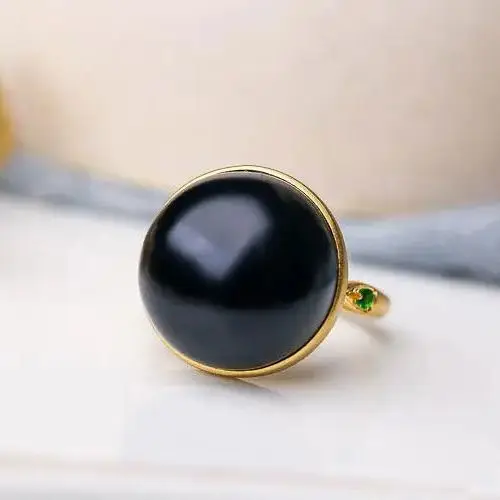 Silver Rings Silver Ring Jade Ring Natural Hetian black jade round bead opening adjustable ring Chinese retro elegant bamboo charm