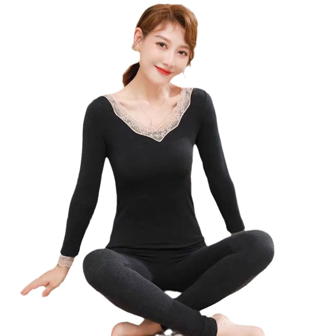 Foply Women Pajamas Thermal Underwear Suit Knitted Cotton Female Winter Thermo Pyjamas Warm Suit Underwear Sets Home Clothing