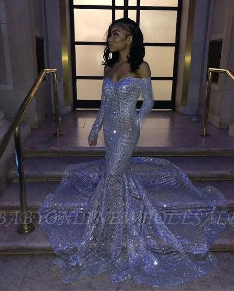 

Sequin Luxury Evening Dress Formal Women Long Sleeve Off Shoulder Sweep Train Mermaid Celebrity Party Gown Vestidos Robe