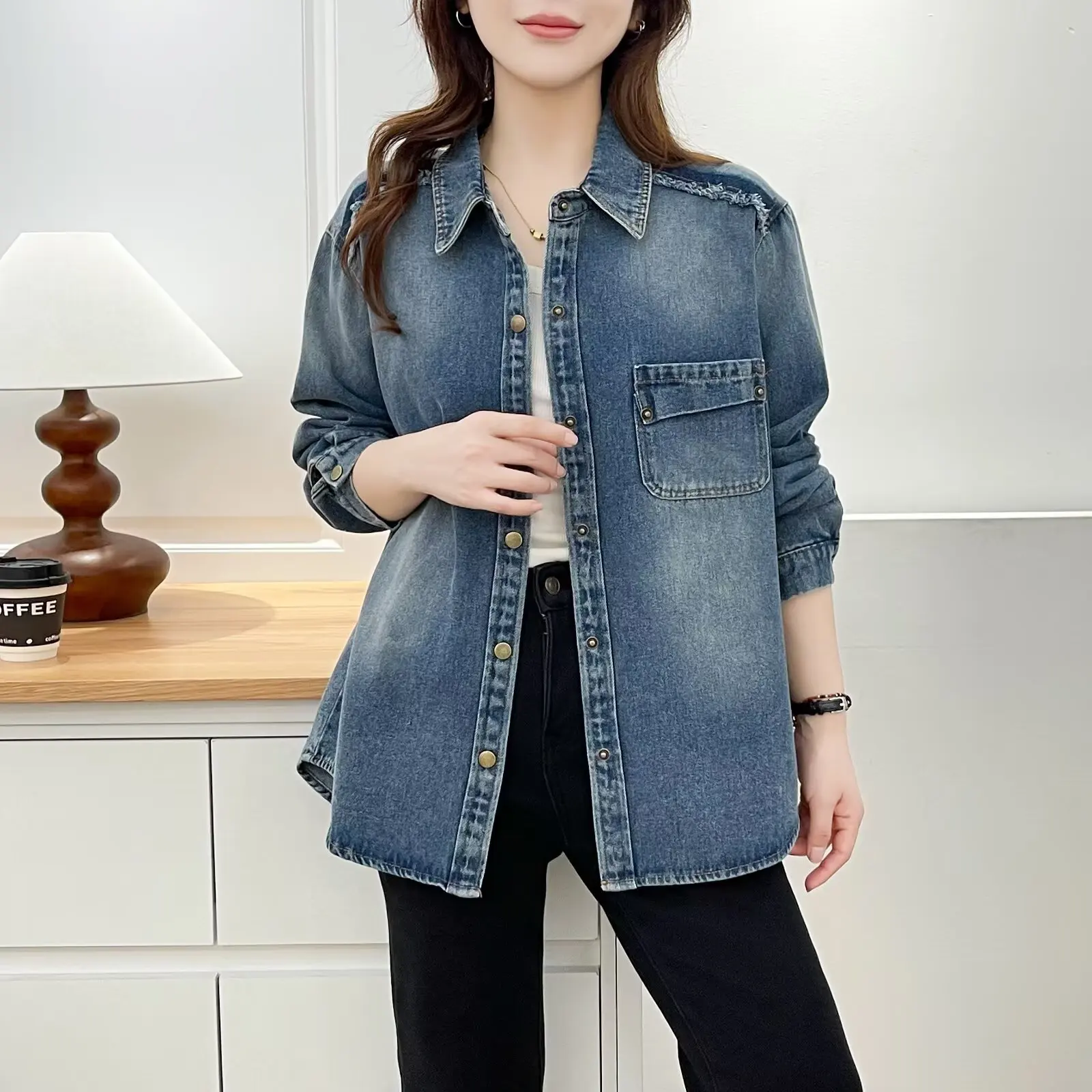 Fashion Plus Size Women's Denim Shirt Jacket Autumn New Design Loose OUTERWEAR 356