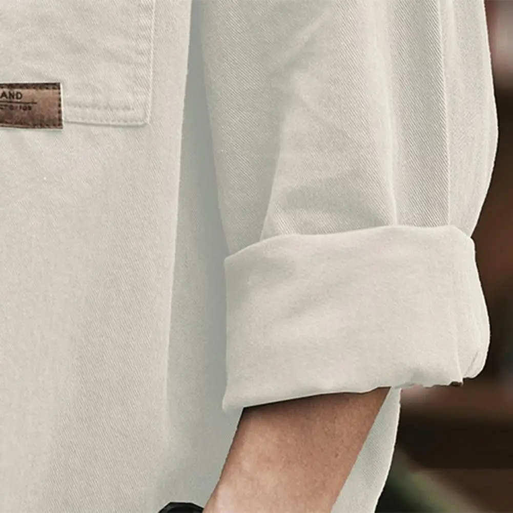 Description Picture 2 of itemRetro Style Shirt Versatile Men's Casual Cardigan Stylish Turn-down Collar Solid Color Patch Pockets for Spring Fall Fashion