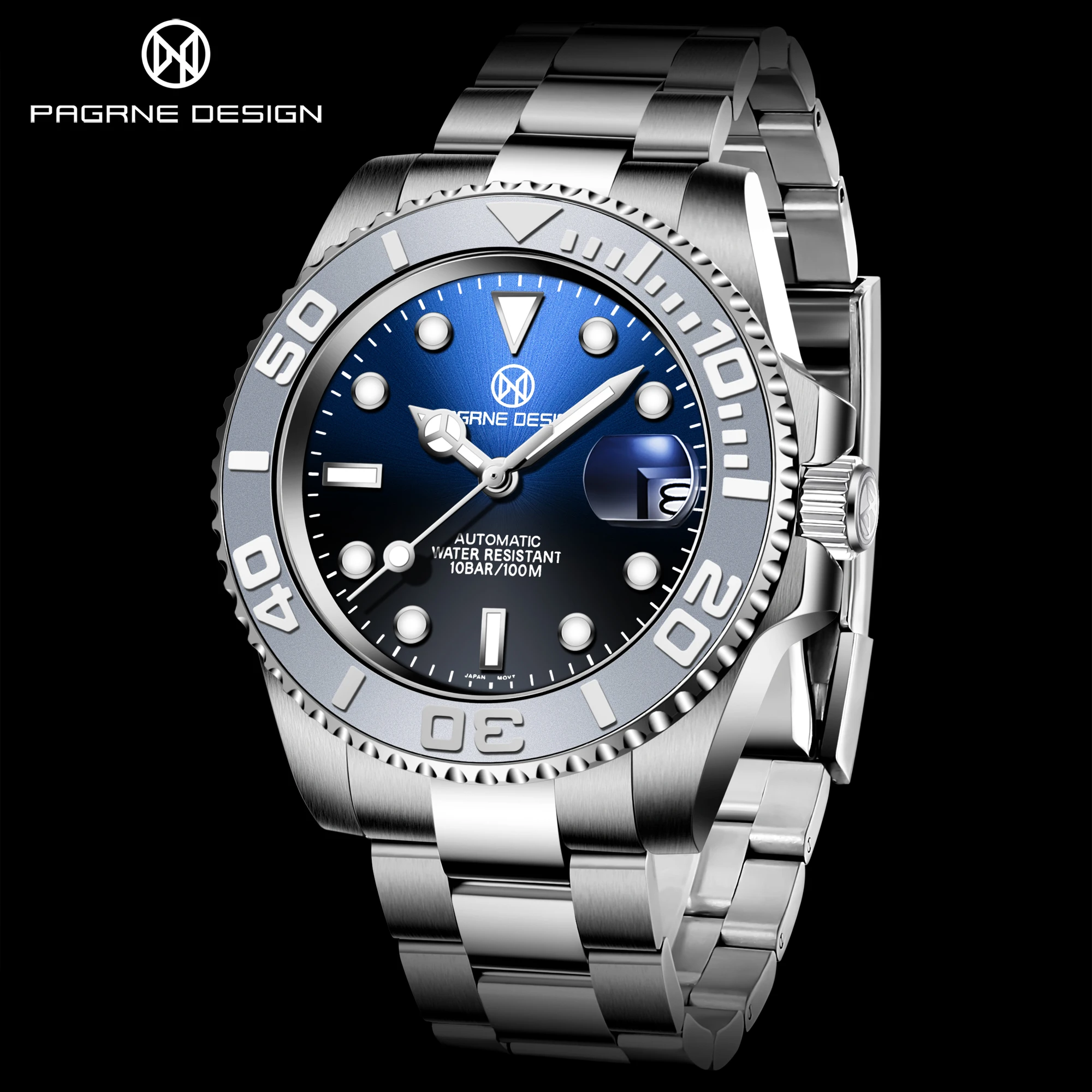 

2023 New PAGRNE DESIGN Top Brand Men Mechanical Wristwatch Stainless Steel Sapphire Glass Automatic Watch 100m Waterproof Clock