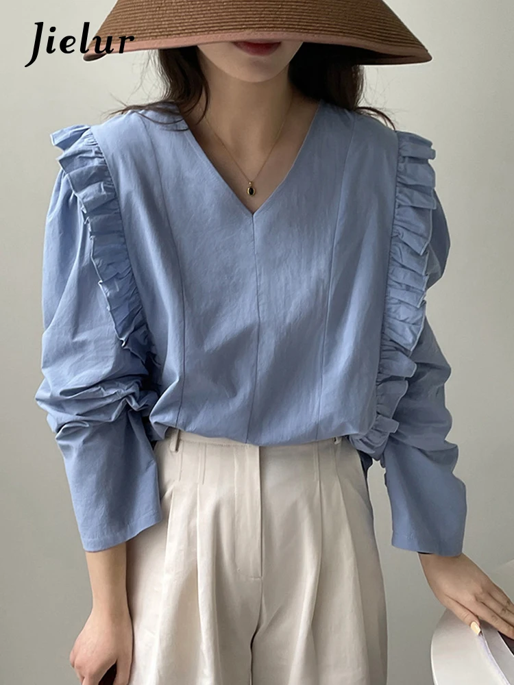 

Jielur Голубая блузка Jielur V-neck Blue Flying Sleeve Women блузка блузка белый шикарный съедобный грибок дерева случайная офисная леди саммер простая блузка цельного цвета