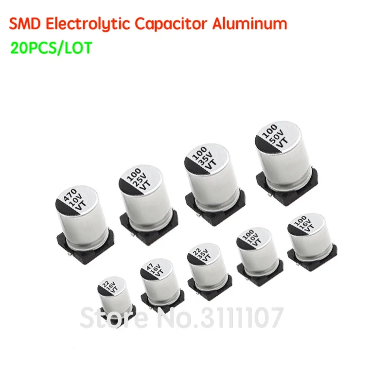 20PCS/LOT  SMD Electrolytic Capacitor Aluminum 6.3V 10V 16V 25V 35V 50V 1UF 2.2UF 4.7UF 10UF 47UF 100UF 220UF 330UF 470UF 680UF 20pcs lot smd electrolytic capacitor aluminum 6 3v 10v 16v 25v 35v 50v 1uf 2 2uf 4 7uf 10uf 47uf 100uf 220uf 330uf 470uf 680uf