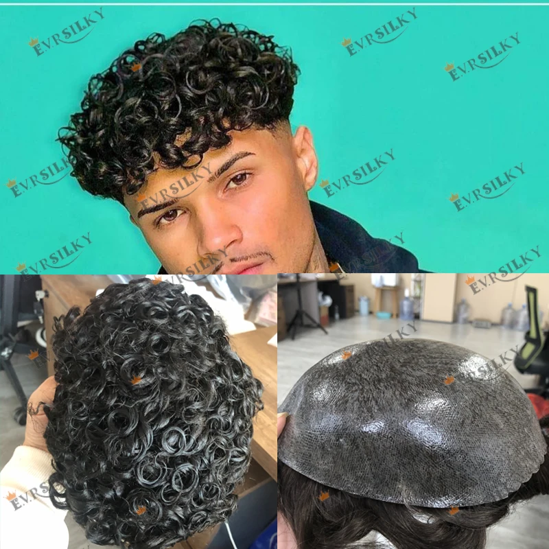 Undetectable Afo Man Jet Black 18mm Curly Micro Skin Base Men Toupee Natural Hairline Man's Curly Human Hair Prosthesis System