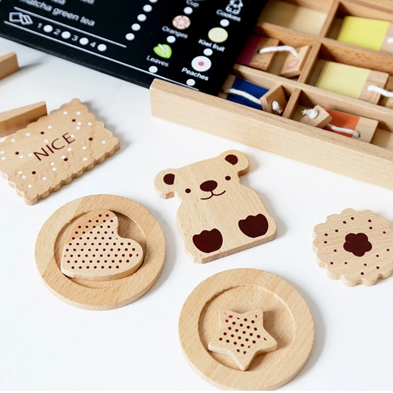 Wooden Pretend Play Food Kitchen Toys Biscuit Coffee Afternoon Tea Set Kids House Play Educational Cooking Game Toys for Girls