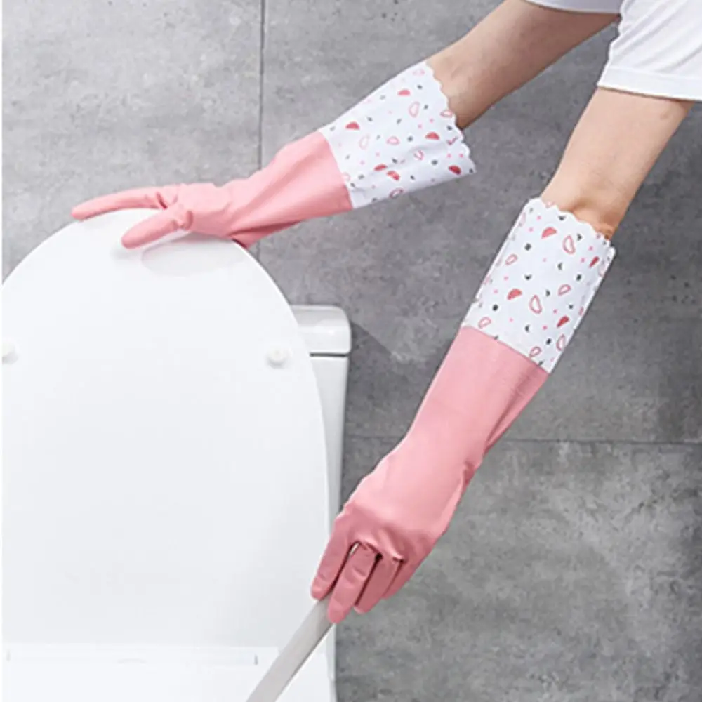 Latex Rubber Dish Washing Gloves Velvet Elastic Cuffs Housework Gloves Long Sleeve Waterproof Winter Cleaning Kitchen