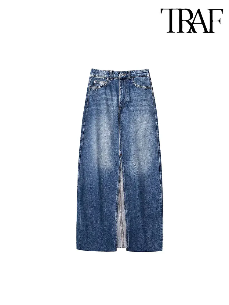 

TRAF Синяя джинсовая юбка-миди для женщин 2023 длинная юбка с высокой талией Женская осенне-зимняя прямая женская юбка с карманами
