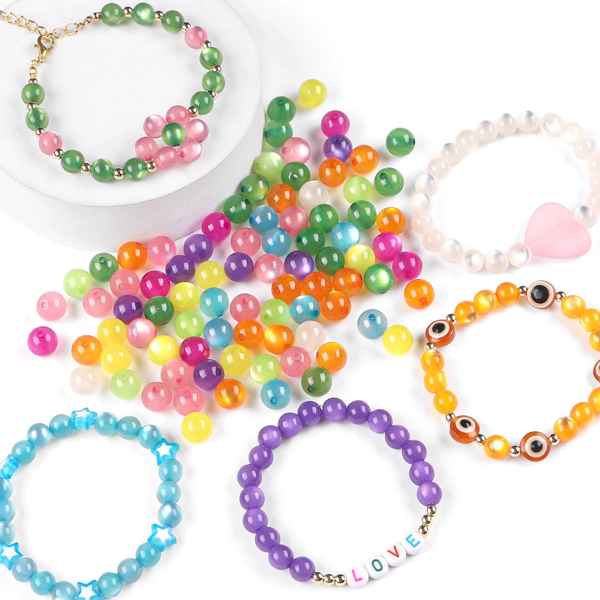 Resin Imitation Cat Eye Round Beads Colorful Straight Hole Loose Beads Handmade Diy Beaded Earrings Accessories Bracel 100pcs pack stone beads