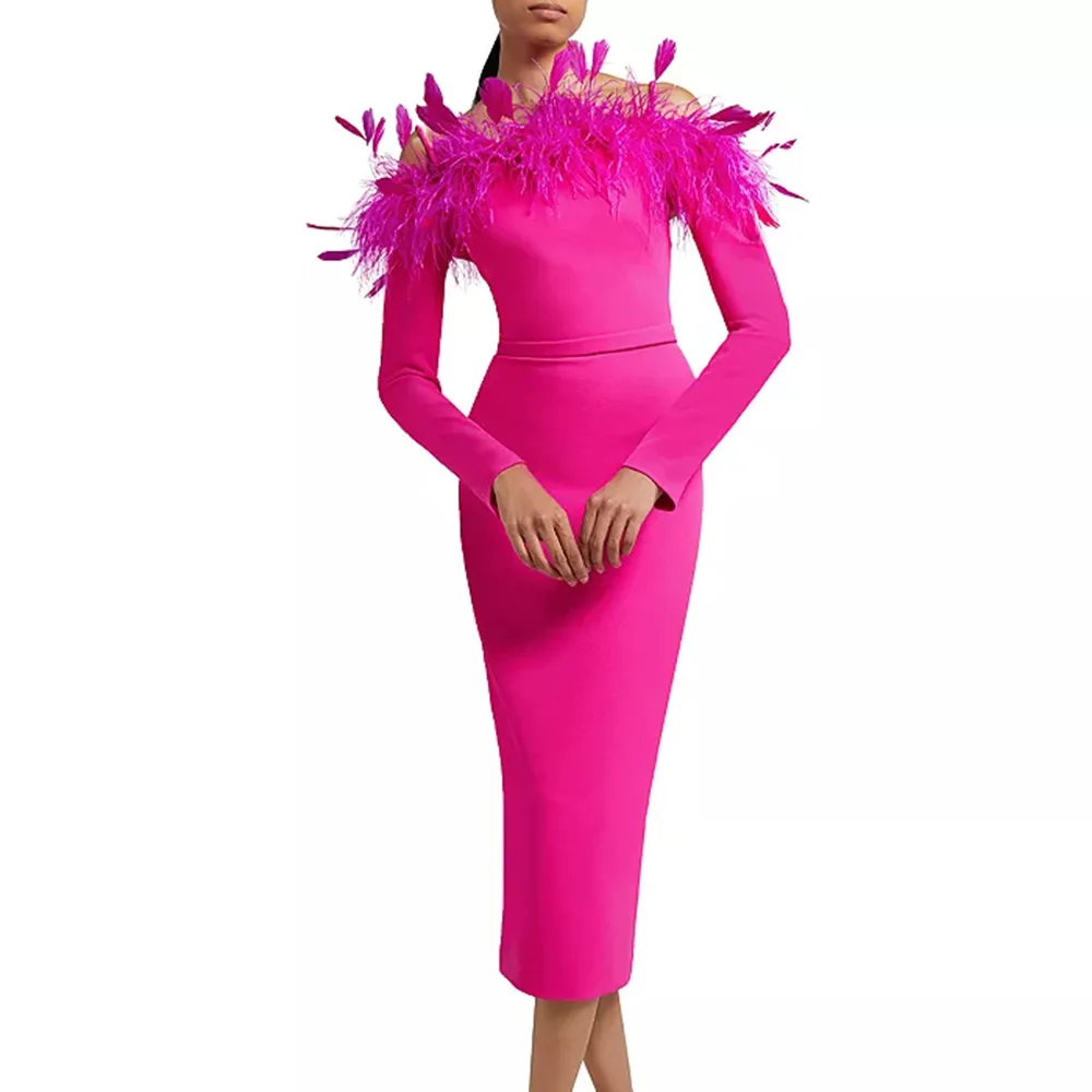 

2023 New Sexy Fashion Feather Bandage Party Backless Long Sleeve Dress Rose High Quality elegant and pretty women's dress
