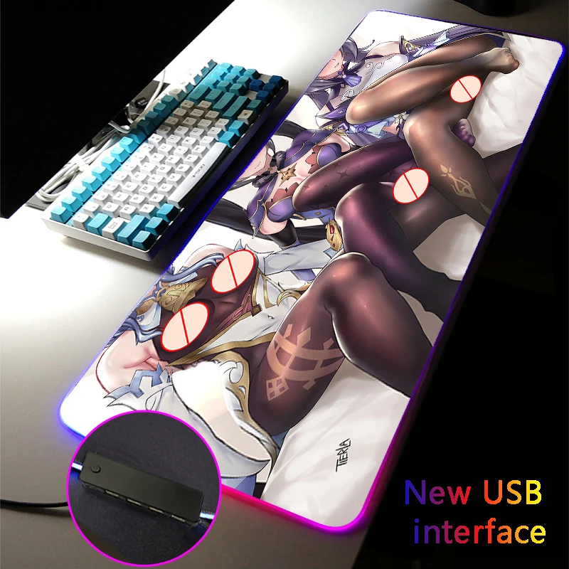 

Genshin Impact MousePad Four USB Docking RGB Mouse Pad Raiden Ei XXL Gaming Accessories Large DeskMats Typec Interface Sexy Girl