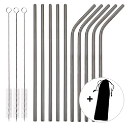Elegant Rose Gold Reusable Stainless Steel Straw Set with Cleaning Brush - 14 Piece Home and Bar Collection (Black)