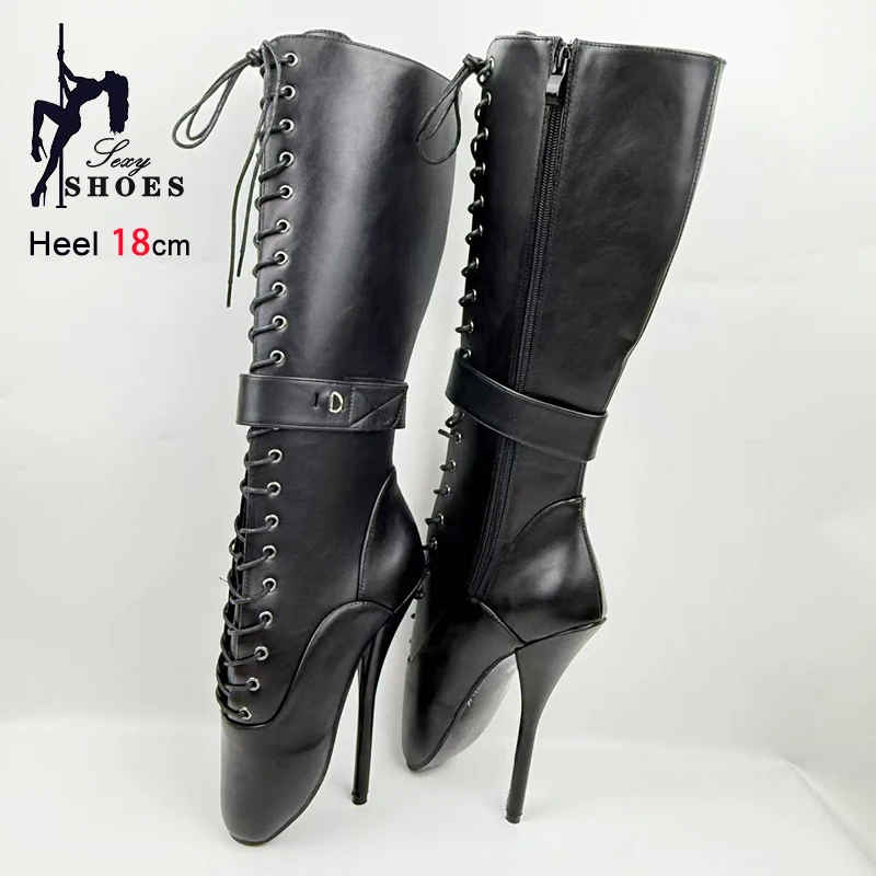 18CM Ultra high heel Matte Black Ballet Boots Women Lockable Knee High Boots Lock Wrap Strap Custom Fetish SM Large Size Shoes