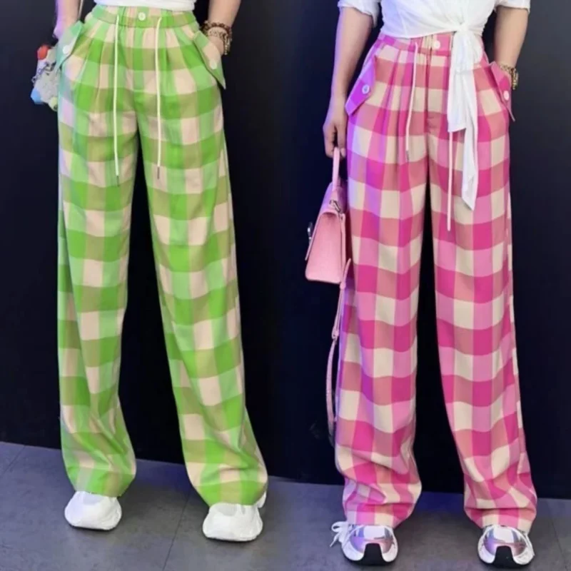 Pink Plaid Wide Leg Pants for Women, High Waisted, Straight
