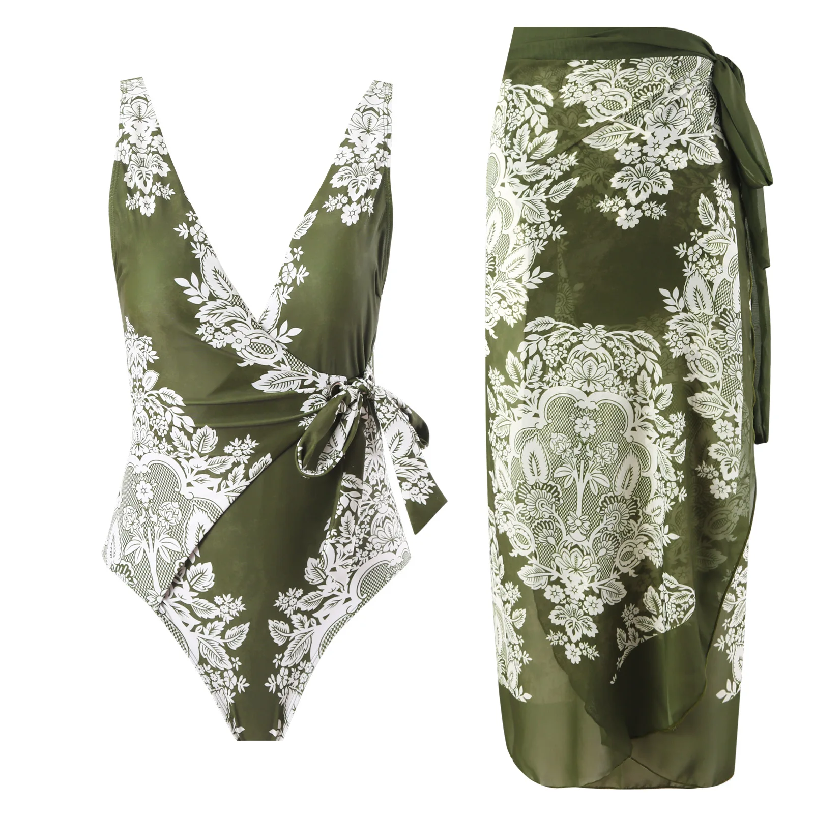 

One Piece Swimsuit Women Swimwear V Neck Bowknot Skirt Floral Cover Up Outfit 2024 New Beach Bathing Suit Beachwear