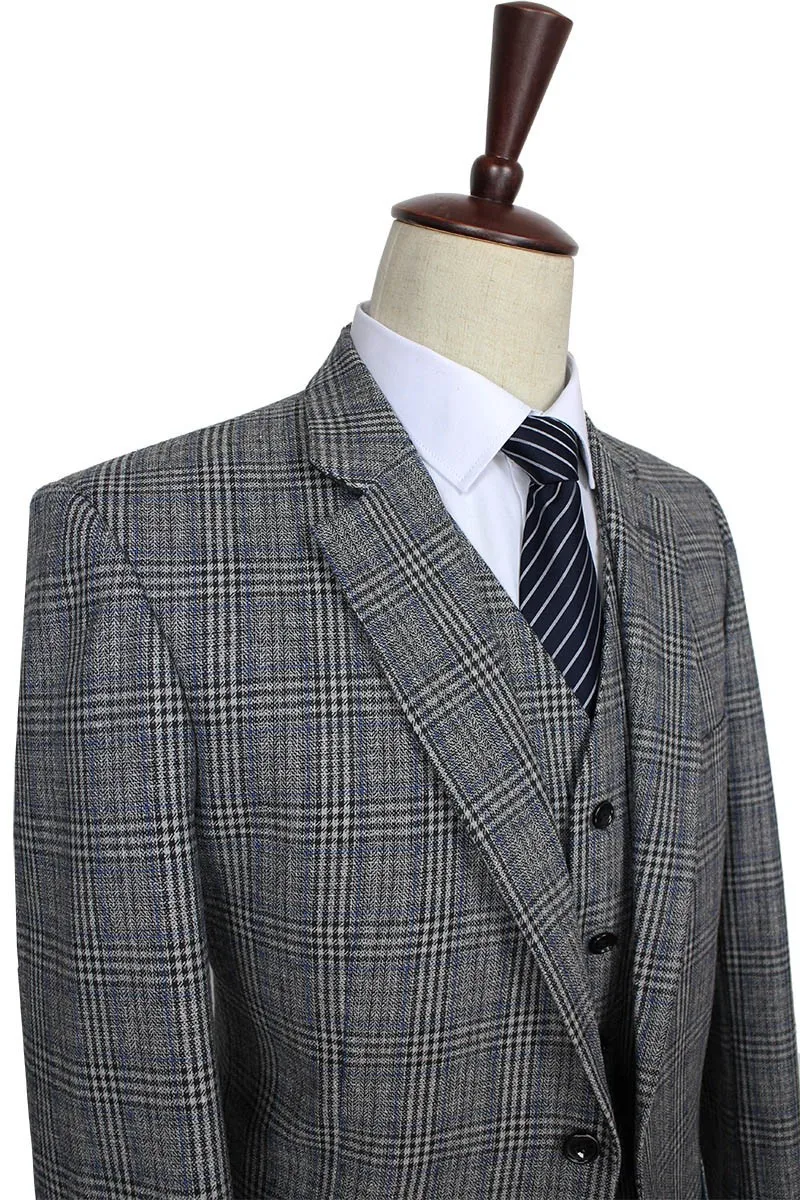 Lansboter Grey Men Suit Traditional Tweed Retro British Style Wedding Slim Fit Blazer Suits For 3 Pieces Jacket Pants Vest