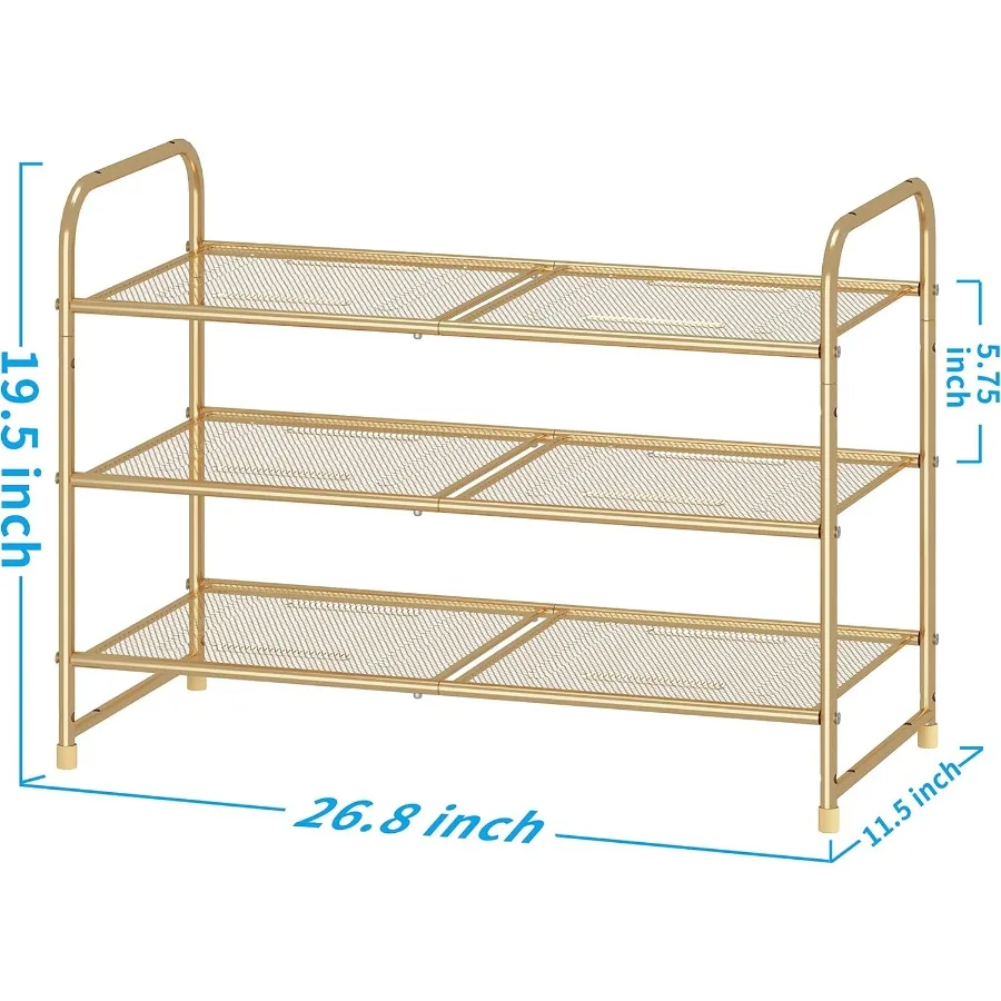 3Tier Stackable Shoe Rack Expandable Adjustable Shoe Shelf Storage Organizer Metal Mesh Gold