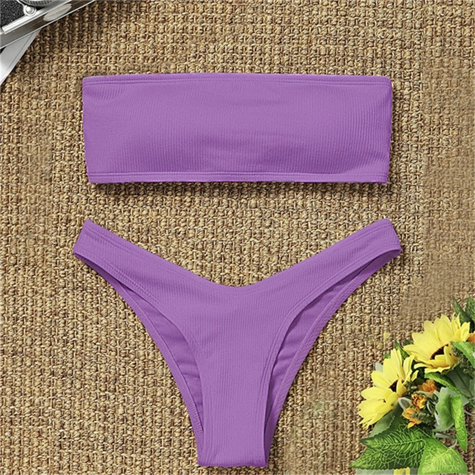 

Bandeau Bikini Set Women Swimwear Ribbed Solid Color String Bikinis Thong Swimsuit Strapless Beachwear Bathing Suit Biquini