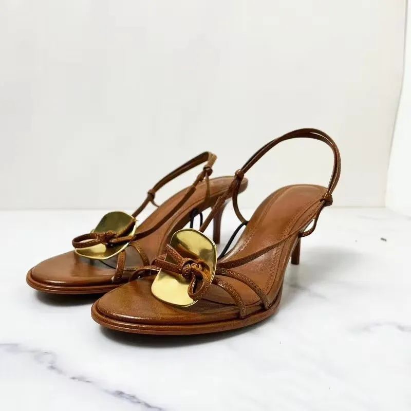 Women Slingback Sandals Women High Heels Shoes Women Dress Shoes TRAF Woman Brown Heel Sandals Chic Metal Disc Heels Sandals Round Toe Peep Toe Slingbacks Female Strap Buckle Heels Shoe