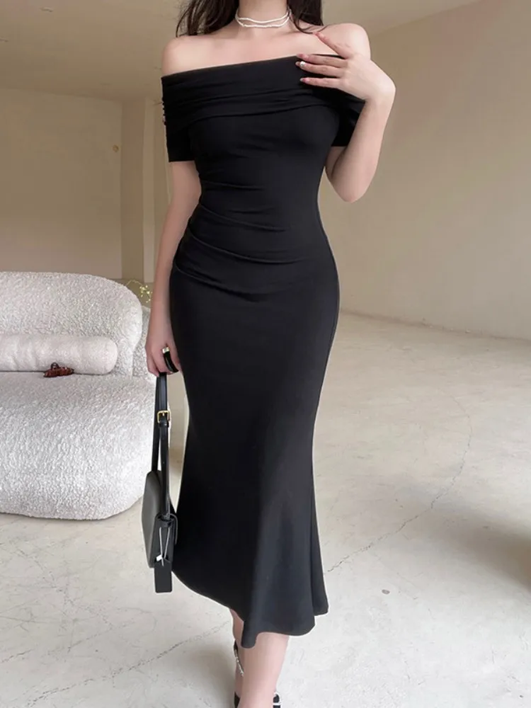 

Gentle Temperament Long Dresses for Women One Shoulder Shrink Pleated Summer Clothes Solid Elegant and Simple Vestido Feminino