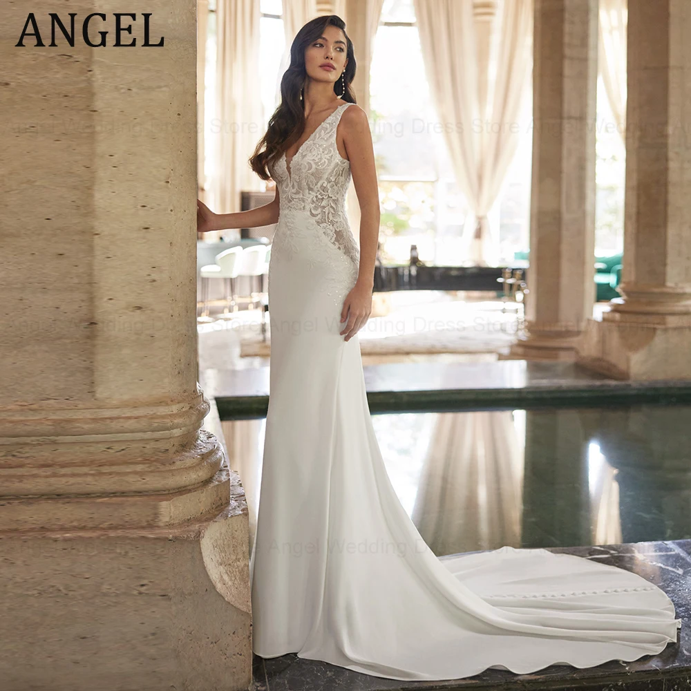 

ANGEL Elegant Mermaid Wedding Dress 2024 Women White Open Back Lace Spaghetti Straps Bridal Gown Sweep Train Vestido De Novia
