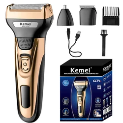 3 - in - 1 Men's Rechargeable Grooming Kit - Electric Shaver & Trimmer for Beard, Hair, Body, Nose, and Ear (Gold with box)