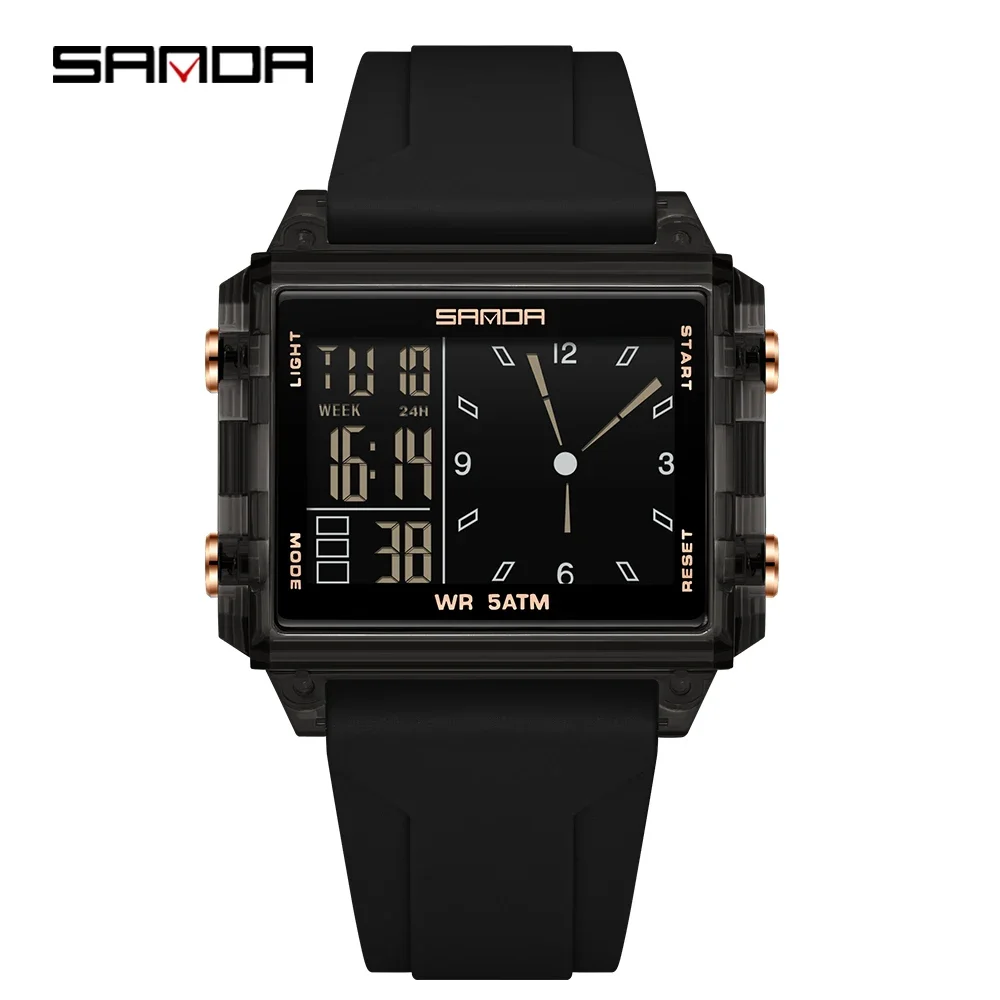 SANDA Luxury Digital Square Dial Sport Waterproof Watch with LED Display