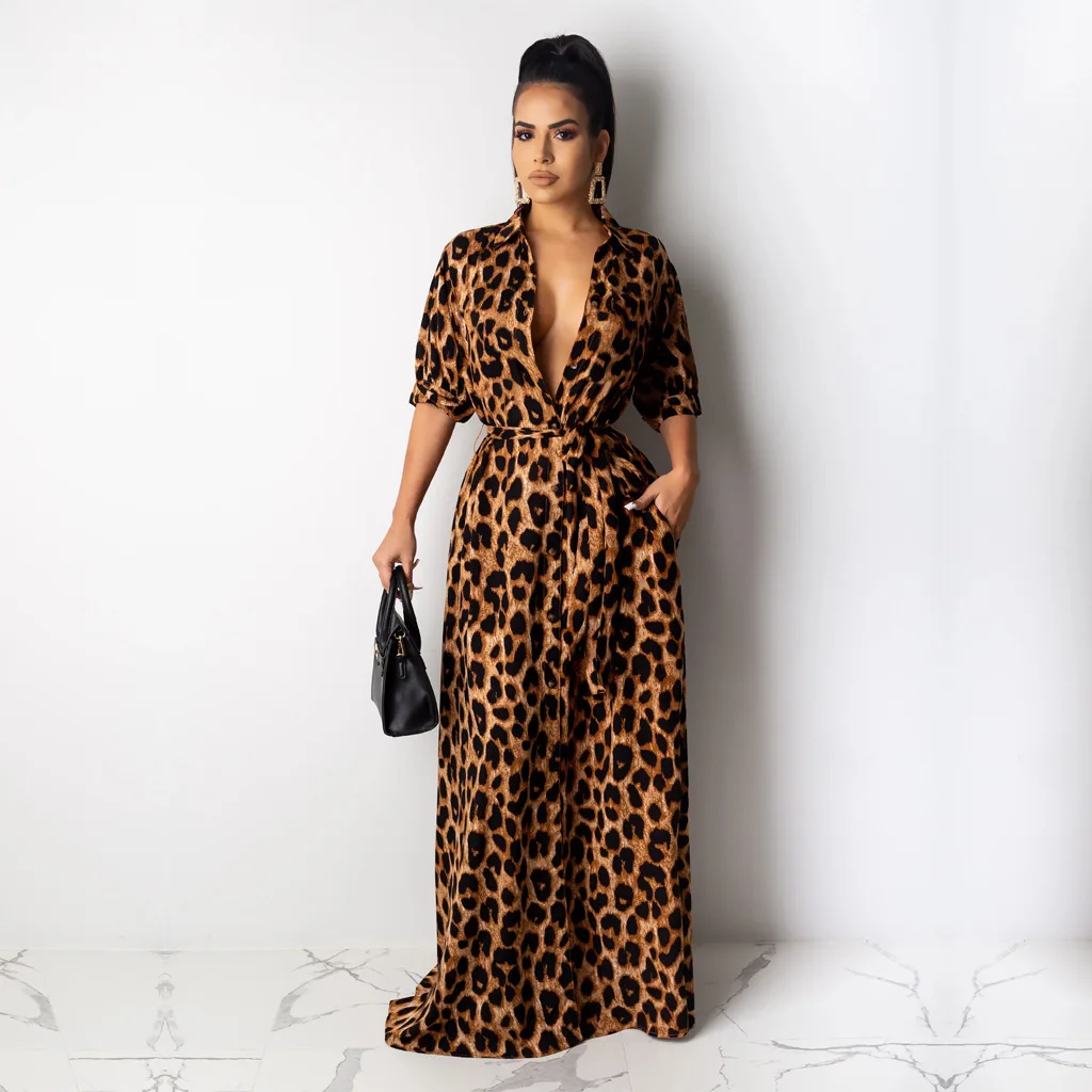 

Leopard Print Female Dress Sexy V Neck Short Sleeves Bandage Long Dresses Summer Casual Button Belt Maxi Dresses for Women 2023