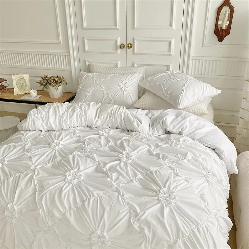

High End Three-dimensional Pinch Pleated Duvet Cover Set Queen Solid Color Single Double Bedding Set Quilt Cover and Pillowcase