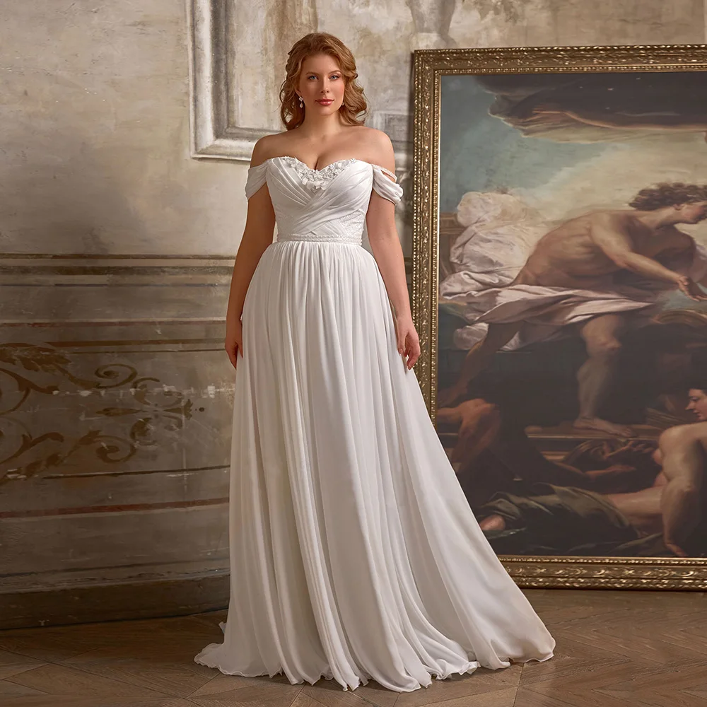 Wedding Dress Plus Size for Women Bride Off The Shoulder Sweetheart Beading Sequin Flowers Chiffon A Line Corset Bridal Gonw 4