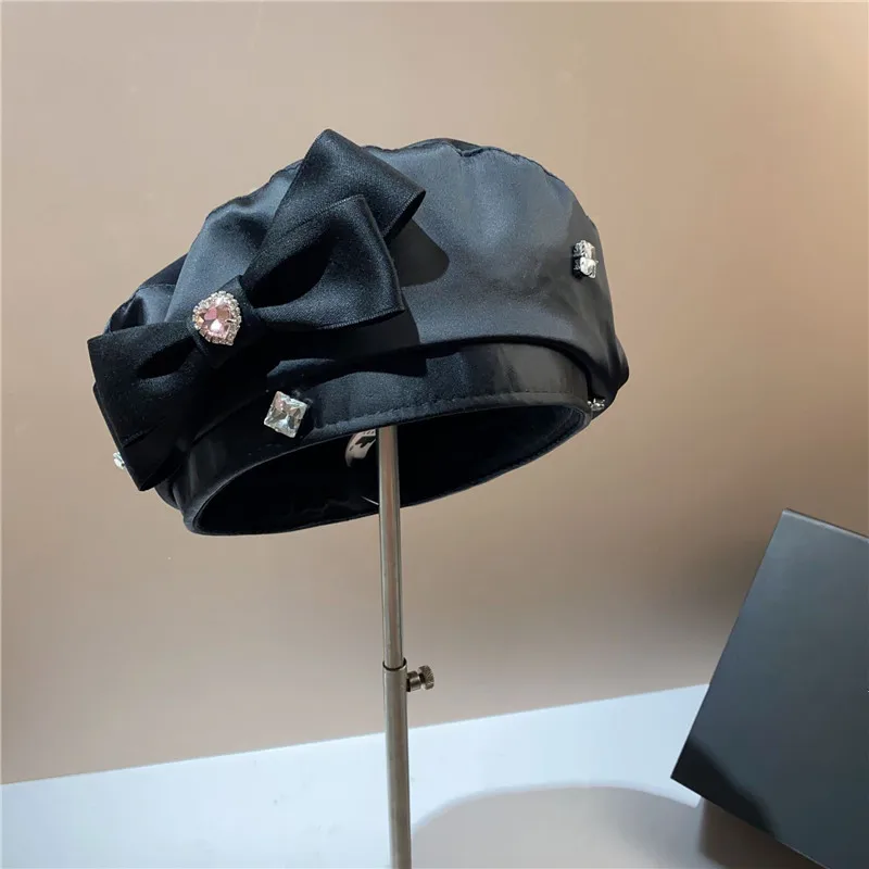 

202308-YY ins chic autumn grace drill bowknot satin fabric model show fashion street lady beret hat women Leisure painter hat