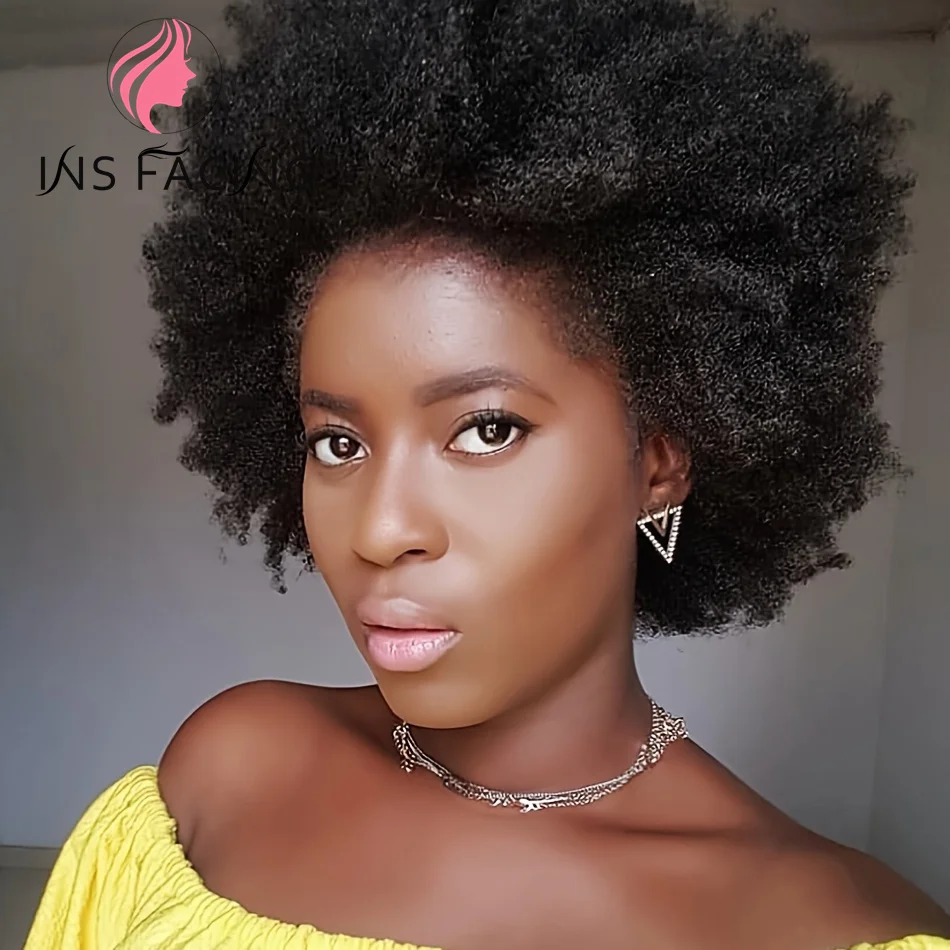 INS FACIN Women's Natural Black Afro Lace Wig, 13x4 Human Hair, 180% Density, 6inch short Afro Style Side Part Lace Frontal Wig