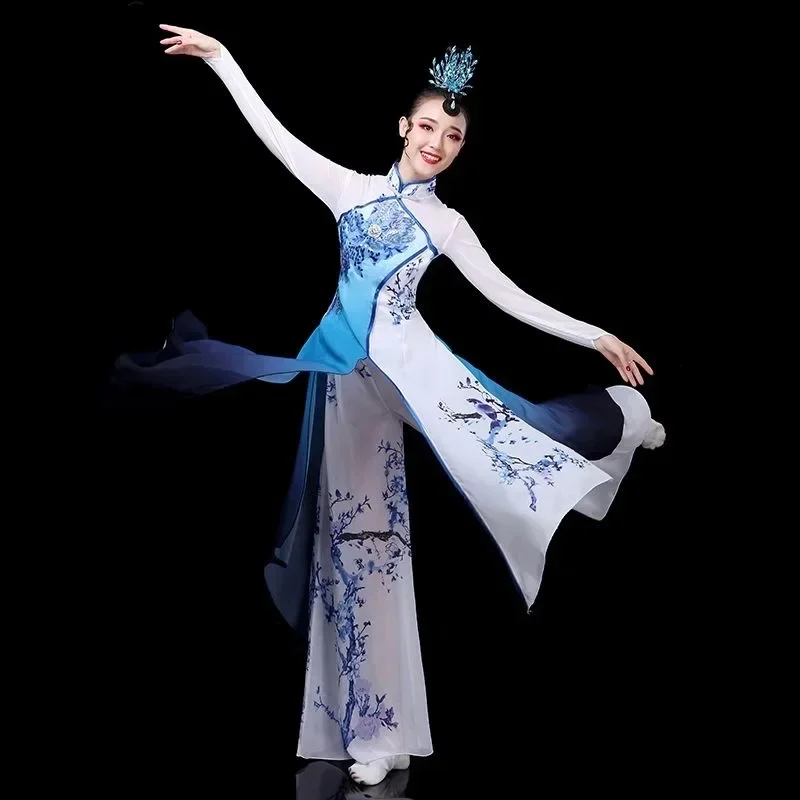 

Traditional Chinese Vintage Hanfu Women Flower Print Qipao Dress Ancient Folk Dance Streetwear Stage Performance Dress
