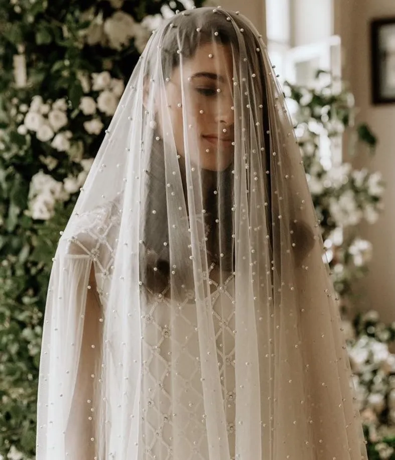 

White/Ivory Wedding Bridal Veil With Comb 2-Layer Blusher Cathedral Length Veil With Pearls Velos de Noiva Face-Covered 80+400cm