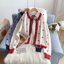 

SONG YI Red and White Contrast Color O Neck Cardigan Sweater Women2022 Spring and Autumn New Korean Knitted Sweater Jacket A0293