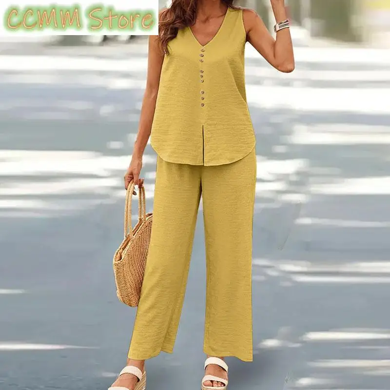 New Fashion Sleeveless Tank Top Button Wide Leg Pant Suits Lady V Neck Office Outfits Summer Female Streetwear Two Piece Sets