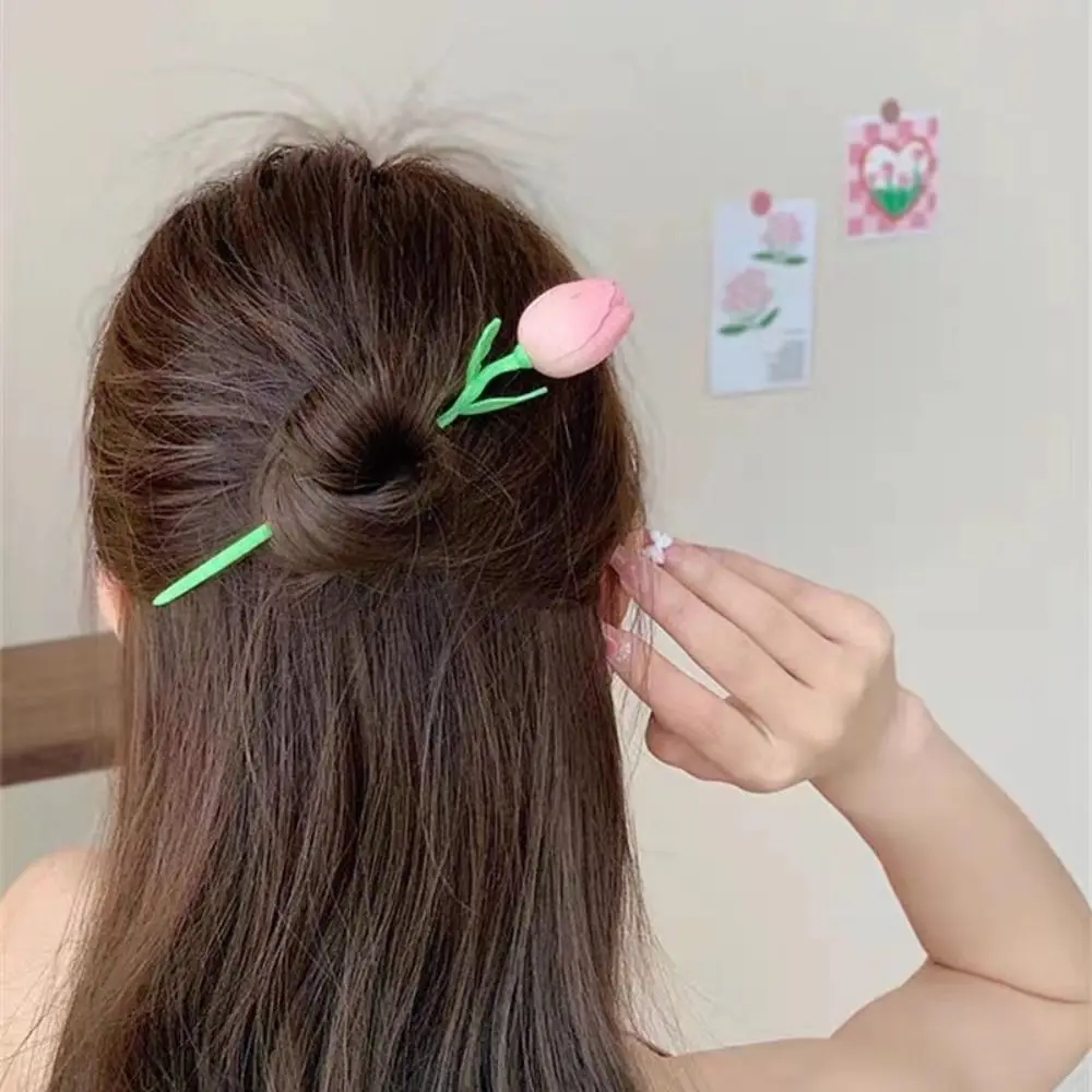 

Шпилька для волос из сплава с цветком тюльпана, модные розовые аксессуары для волос, палочки для волос с цветком тюльпан, палочки для волос