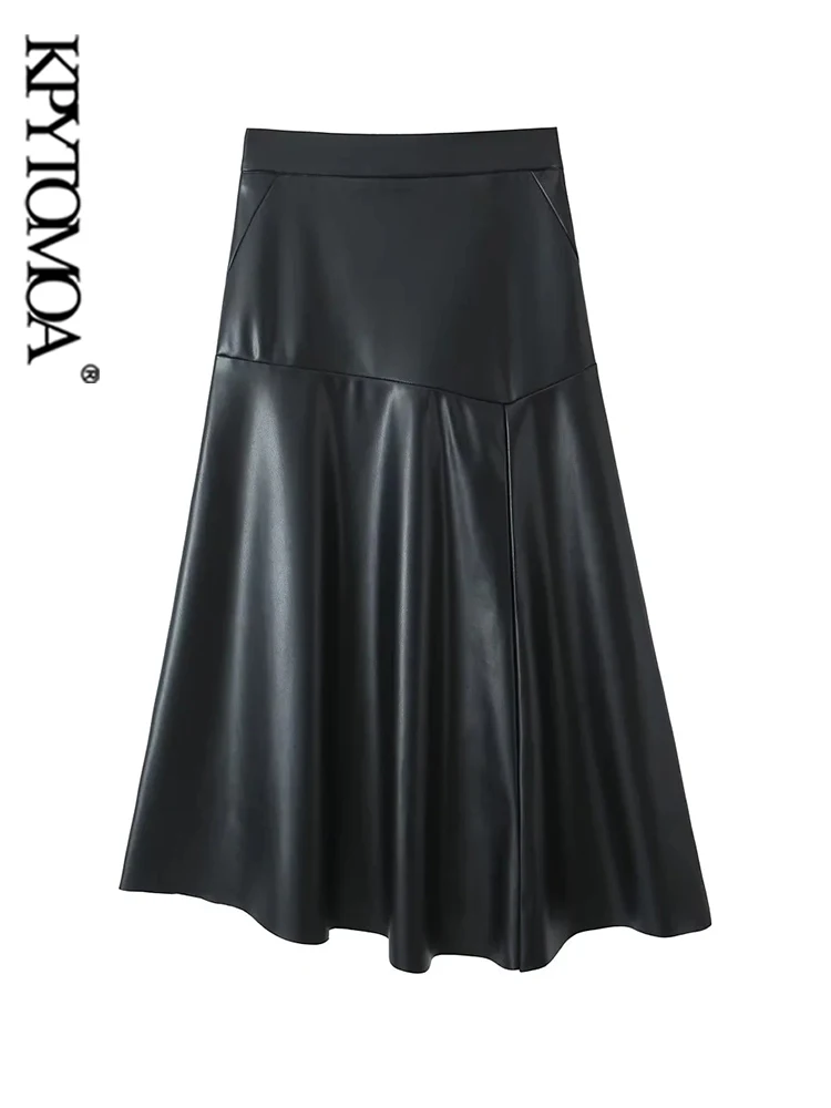 

KPYTOMOA-Women's Asymmetric Faux Leather Midi Skirt, High Waist, Side Zipper, Female Skirts, Fashion