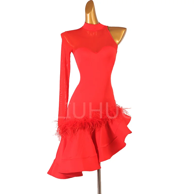 

Ladies’Latin Tango Salsa ChaCha Ballroom Dance Swing Rumba Dress Red Latin Dress Feather Manufacturers Custom