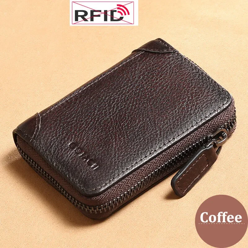 Card Slots Bank Credit Card Holder Zipper Wallet Cowhide Leather RFID Purse Wallet for Men 12