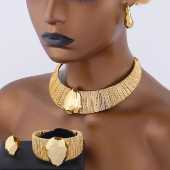 Gold Plated Noble Manual Weaving Necklace Earrings Bracelet Ring Set for Women Design Jewelry Gift for Party Wedding Christmas