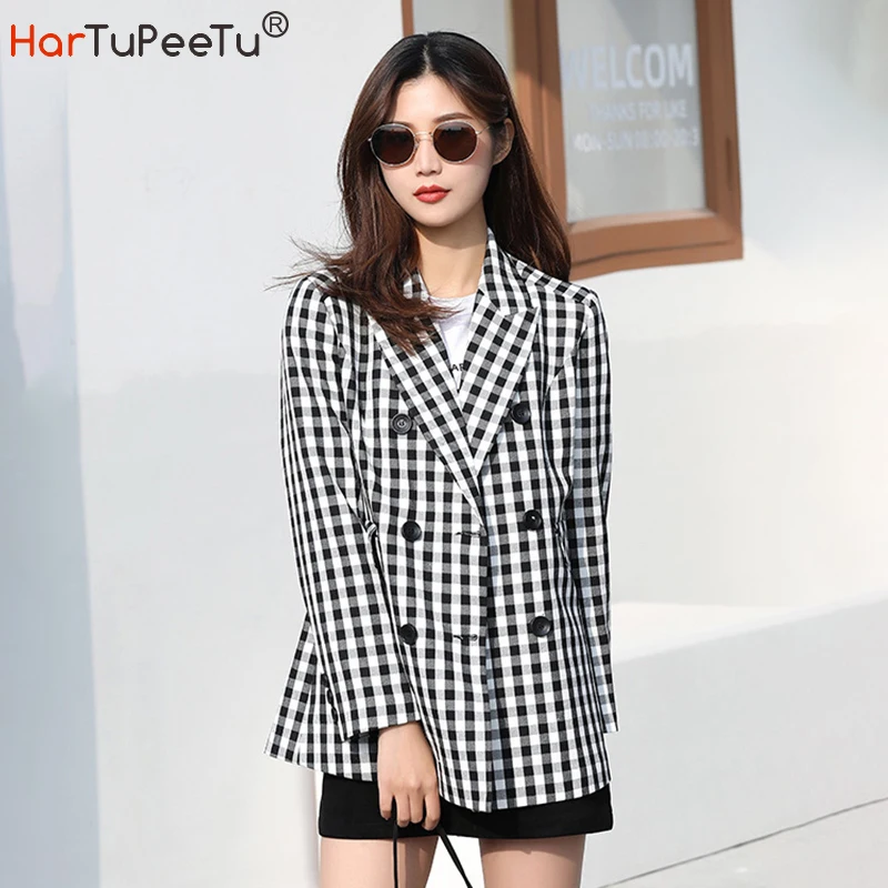 Women Tailored Jacket 2023 Spring Autumn Plaid Coat Korean Style Fitness Business Work OL Long Sleeve Baisc Outwear