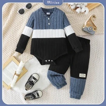0-2Y Fashion Men's Baby Autumn Set Color blocked Striped Knitted Long sleeved Ha Yi+Spliced Pants2PCS Set Baby Casual Clothing 1