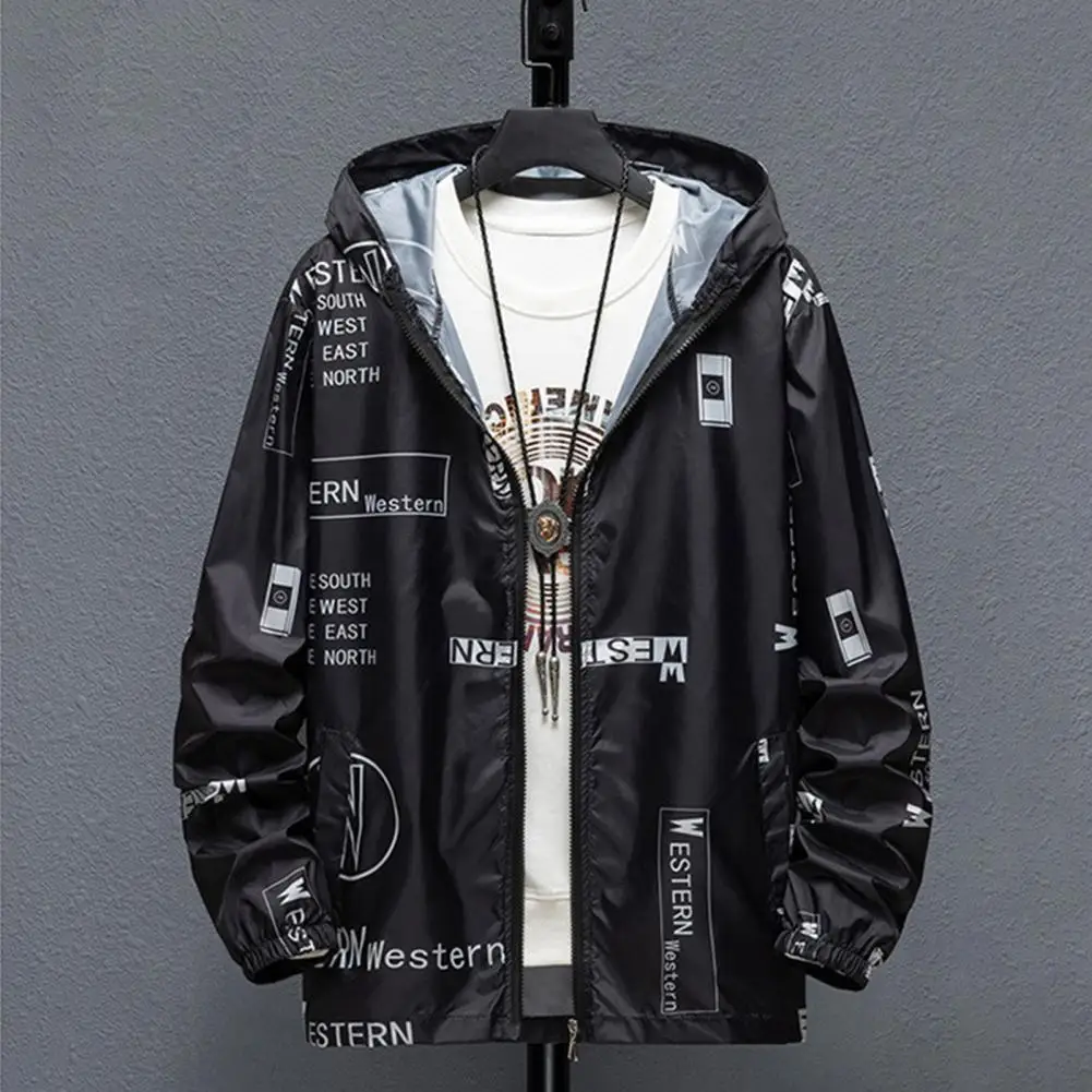 Sun Protection Coat Men's Sun Protection Hooded Jacket with Quick Drying Technology Zipper Placket Letter Print Long for Fishing