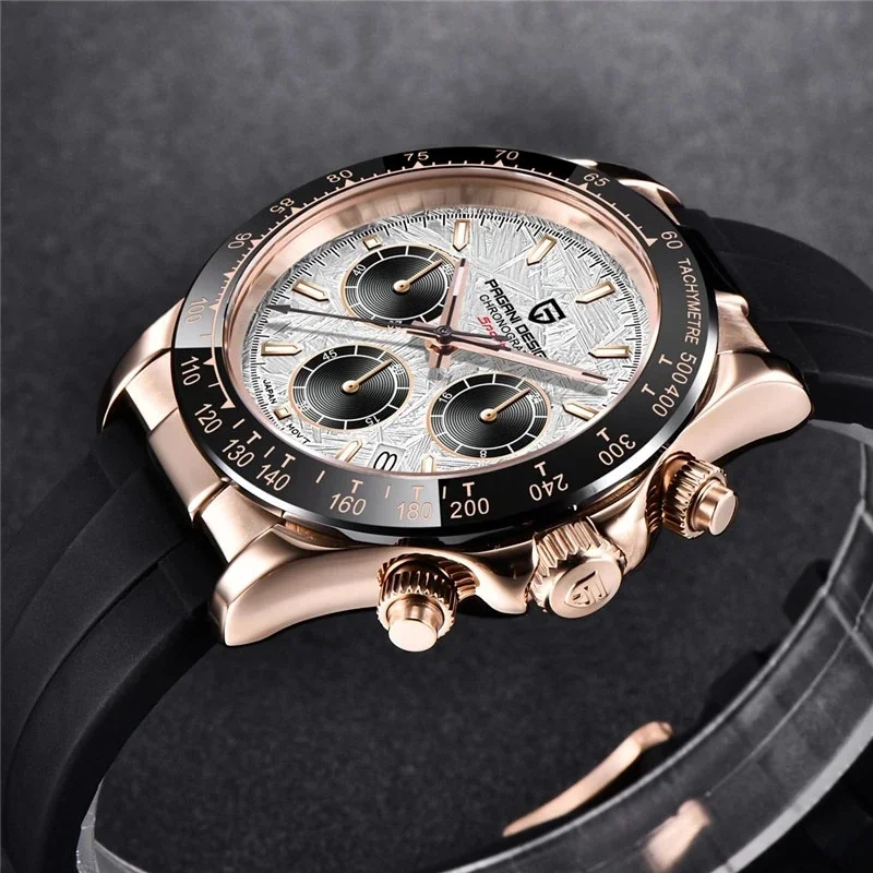 Pagani Design Watches for Men Daytona Homage Quartz Chronograph Watch VK63 Movement Ceramic Bezel Stainless Steel Sports Rubber Band Mens Watches (1664 Black Gold