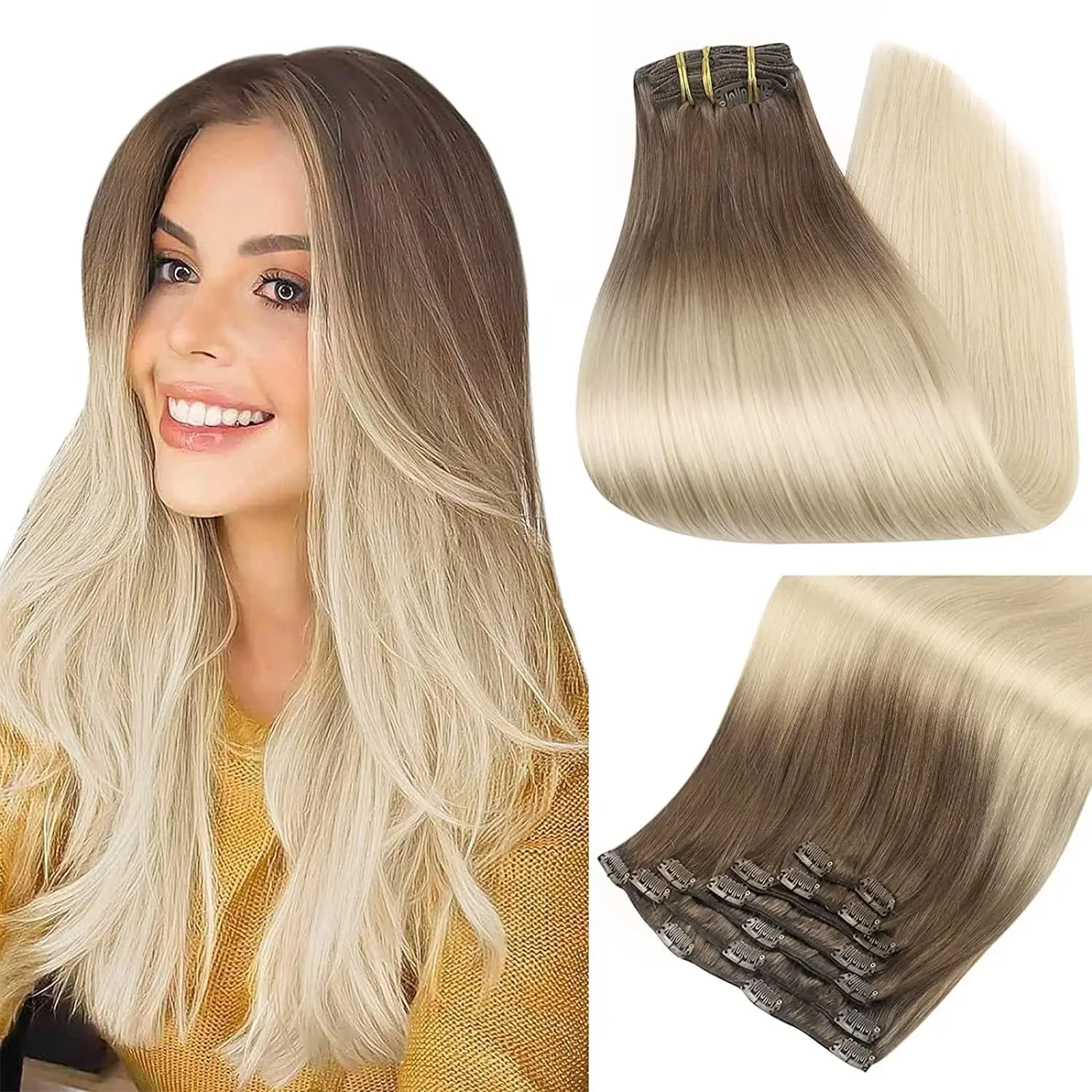 

Full Shine Human Hair Extensions Clip in Hair Extensions Balayage 7pcs 120g Double Weft Hair Extensiona Human Hair For Woman