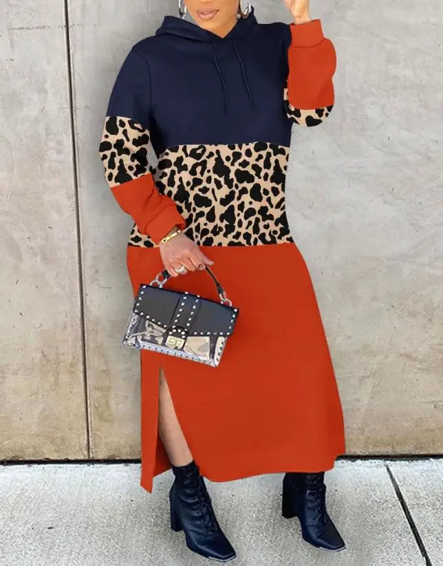 

Fashion Robe Women's Dresses 2023 Autumn and Winter Leopard Print Colorblock Slit Hooded Sweatshirt Dress Long Sleeve Long Dress